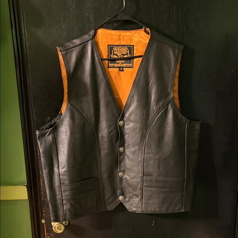 Men's Biker Milwaukee Black Leather Vest with Orange Lining